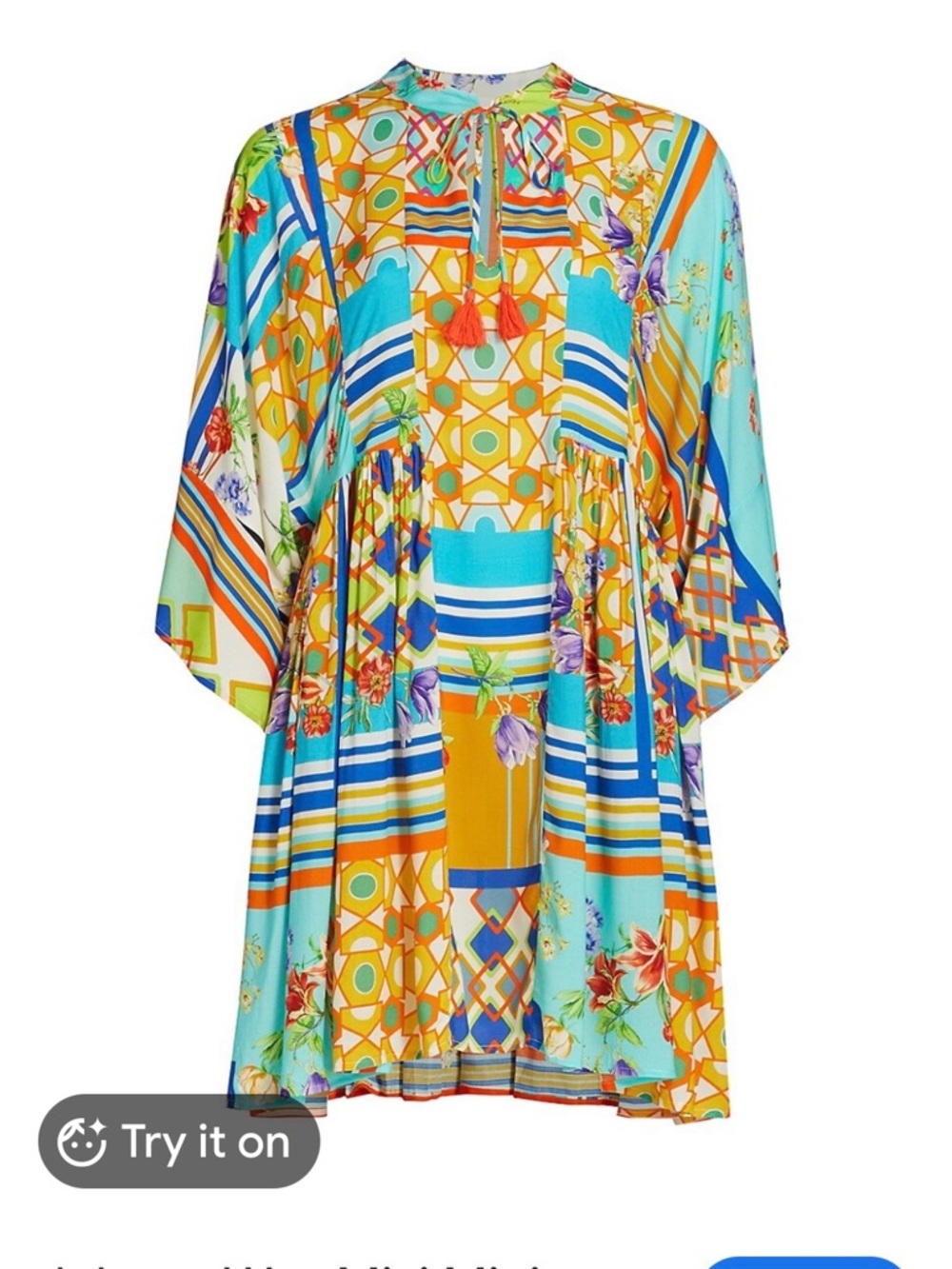 Johnny Was Turquoise, Gold & Blue Geometric Patchwork Mini Dress
